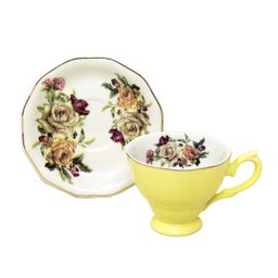 Jogo 6 Xícaras de Café C/ Pires 100ml Amarelo Floral Cerâmica Importada Premium Chá Presente 12pçs - 1