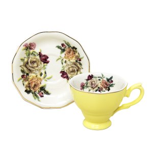 Jogo 6 Xícaras de Café C/ Pires 100ml Amarelo Floral Cerâmica Importada Premium Chá Presente 12pçs
