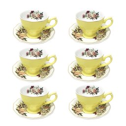 Jogo 6 Xícaras de Café C/ Pires 100ml Amarelo Floral Cerâmica Importada Premium Chá Presente 12pçs - 5