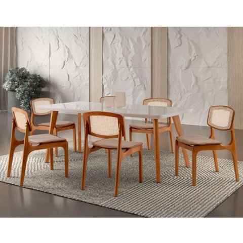 Conjunto Mesa Malta 160cm 6 Cadeiras Malta Premium Moderna Linho Palha Off White Imbuia