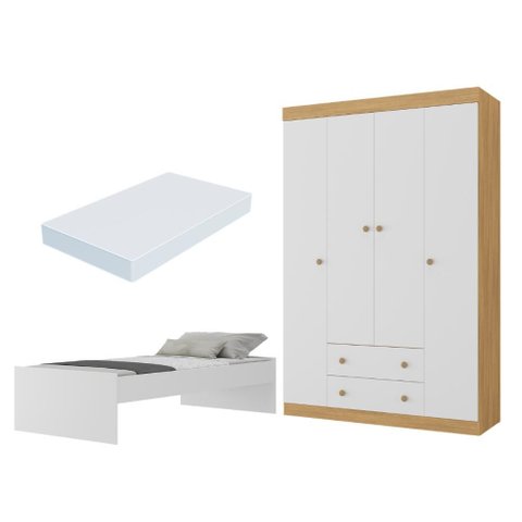 Jogo de Quarto Cama com Colchão Incluso e Guarda-Roupa 4 Portas 2 Gavetas Lira Multimóveis MP4837