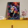 Quadro Decorativo Animais Face de Leão Colorido com Moldura Prata - 120x80 Cm - 4
