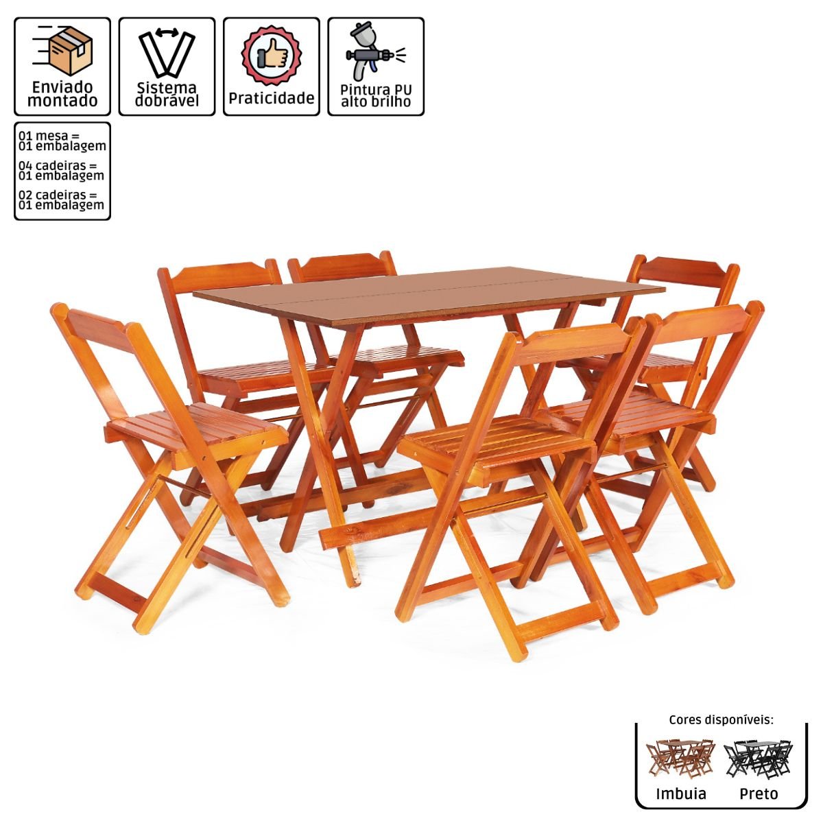Jogo de Mesa 1,20x70 com 6 Cadeiras Dobráveis de Madeira Cor Mel - Móveis Britz - 5