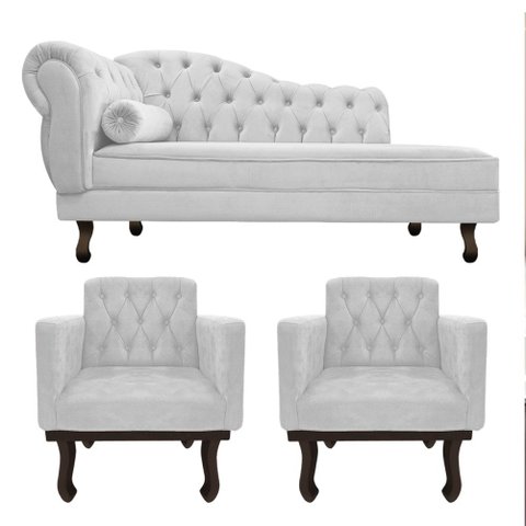 Kit Diva Recamier Juliana 160cm Lado Direito e 02 Poltronas Classic Suede Branco - Amarena Móveis
