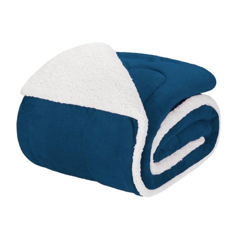 Edredom Queen Coberdrom Noruega Sherpa/mantinha 1 Peça - Azul Marinho