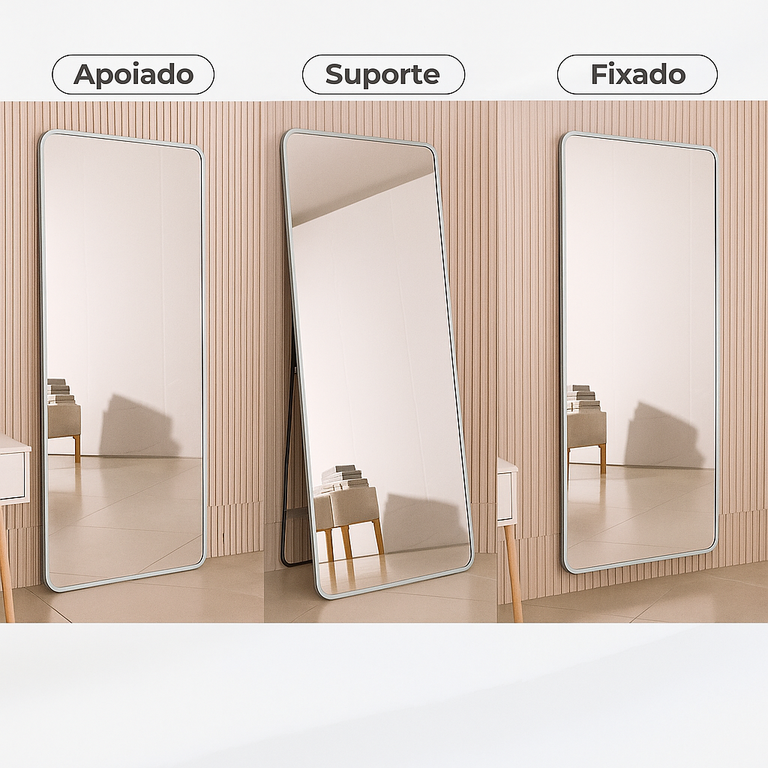 Espelho Corpo Inteiro 170x70cm Retangular Moldura em Alumínio Prata Designer Moderno C/ Sup. Chão Espelho Corpo Inteiro 170x70cm Retangular Moldura em Alumínio Prata Designer Moderno C/ Sup. Chão
