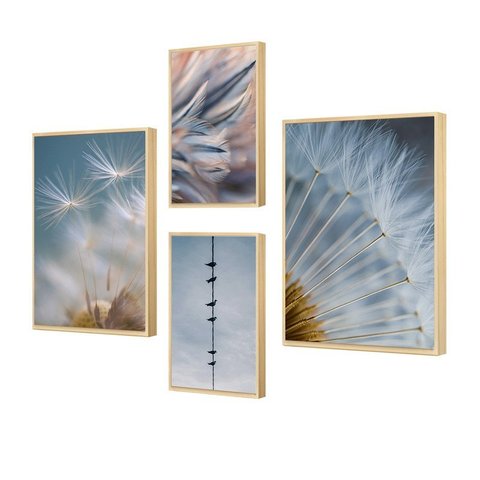 Kit 4 Quadros Decorativos Paisagem Azul Dente de Leão Flor Natureza para Sala
