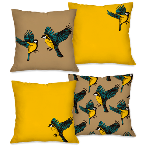 Kit com 4 Capas para Almofadas Decorativas Pássaros Amarelo