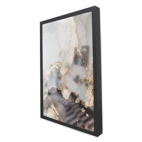 Quadro Decorativo Caixa Alta com Vidro Abstrato Mármore Gray TaColado Moldura Preta 120 x 80cm