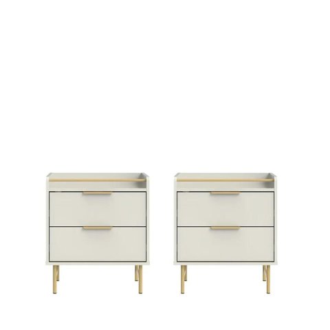 Conjunto 2 Mesas de Cabeceira 2 Gavetas com Led Yves 53 Cm - Off White Fosco C/ Dourado