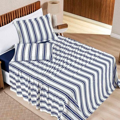 Jogo Cama Lençol Estilo King 100% Algodão 4 Peças - Marinho