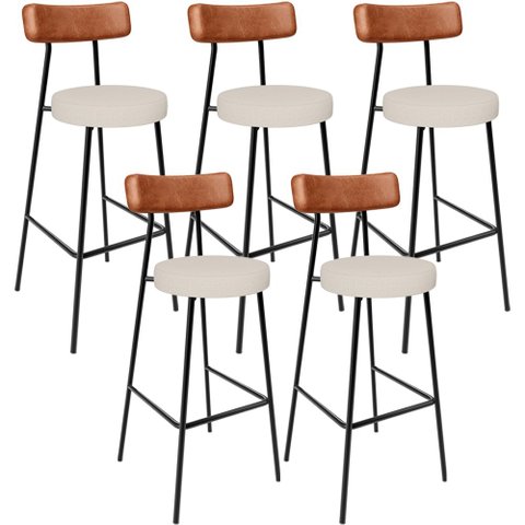 Kit 05 Banquetas Altas Cozinha Sala De Jantar Aço Milão L02 Couríssimo Camel Linho Cru - Lyam Decor