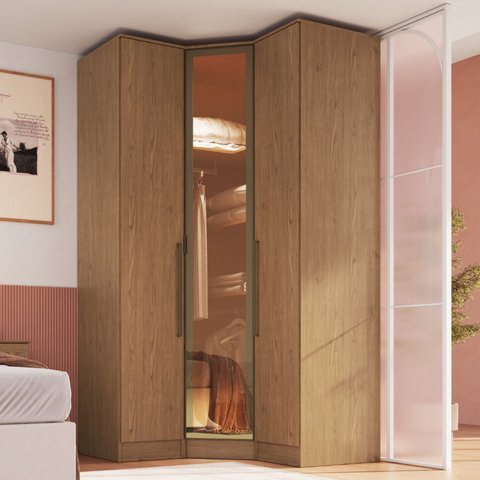 Guarda Roupa Modulado de Canto Porta Reflecta e LED 3 Peças 100%MDF Requinte+
