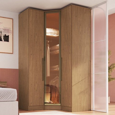 Guarda Roupa Modulado de Canto Porta Reflecta e LED 3 Peças 100%MDF Requinte+