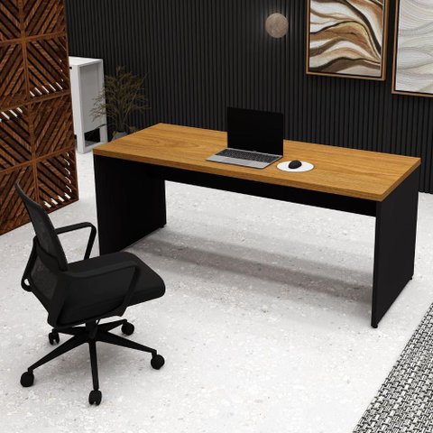 Mesa Escritório 1,80m X 0,70m Pé Painel e Cadeira Diretor F5 Cor:freijó com Preto