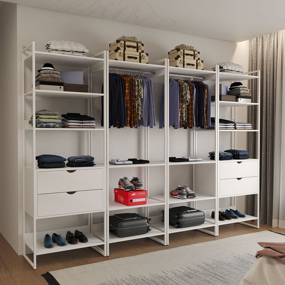 Closet Industrial Casal Completo Loft Branco 4 Módulos Cabideiro com Gavetas Ferro Branco