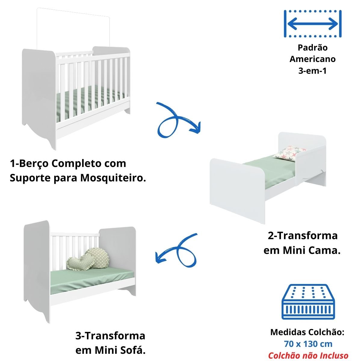 Quarto de Bebê Completo com Berço Americano Ben 3 Em 1 Guarda Roupa 3 Portas e Cômoda Uli 4 - Branco - 3