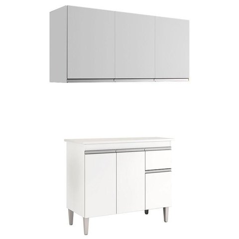 Balcão de Cozinha Tatiane com Tampo 100cm e Armário Aéreo Andréia 3 Portas Branco Brilho - Ajl