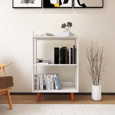 Estante para Livro com Pés de Madeira Maciça Decoração para Sala ou Quarto - Branco