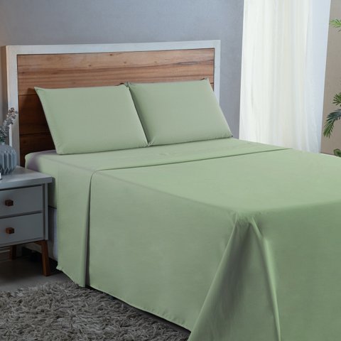 Kit Conjunto Cama Casal Algodão 300 Fios 4 Peças com Elástico e Fronhas:verde Bebe