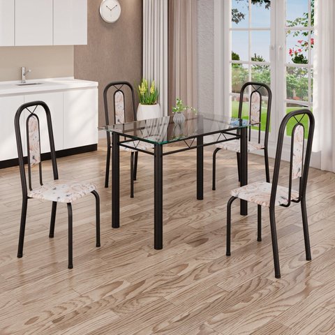 Conjunto de Mesa Tubular com 4 Cadeiras Lívia Preto/Bege