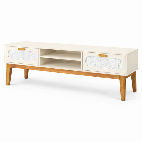 Rack Santorini 180cm com Pé Madeira Maciça C/ Amplas Gavetas:off White