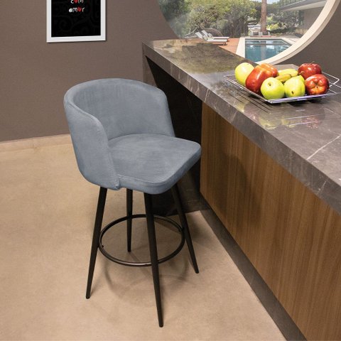 Banqueta Ipê Veludo Cinza Base Metálica Preto - D'rossi