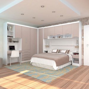 Quarto de Canto Casal com Guarda Roupas Cabeceira e Bancada Home Office Alpes Luciane Móveis