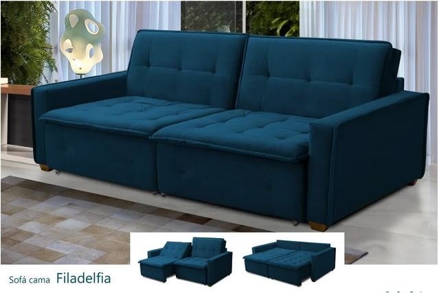 Sofá Cama Casal Veludo Azul Lux Filadélfia Rec Estofados - 1