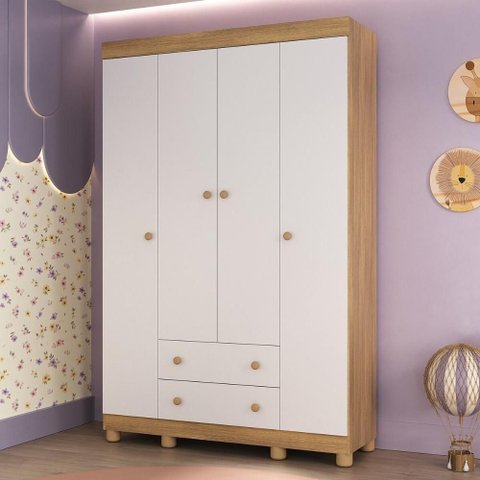 Guarda-roupa Infantil 122cm 4 Portas e 2 Gavetas Allegra Multimóveis Mp4443 Madeirado/branco