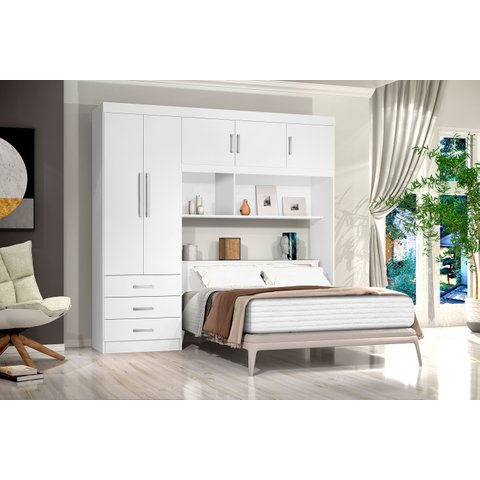Guarda Roupa de Casal Branco Com Cabeceira Baú Interno + Base Cama Box de Casal + C