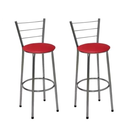 Kit 2 Banquetas Média Cromada Com Encosto Assento Vermelho