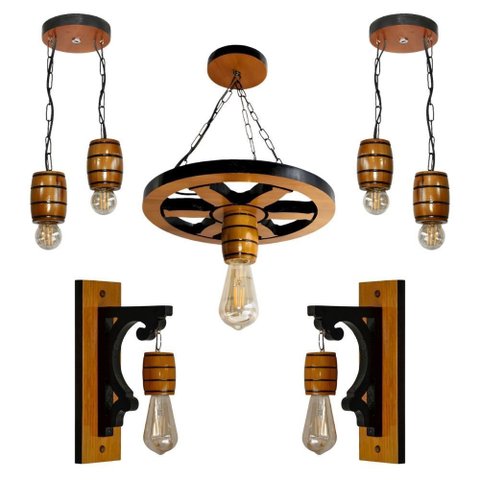 Kit 5 Luminárias com Arandelas e Pendentes – Modelos Barril e Roda de Carroça - Cerejeira