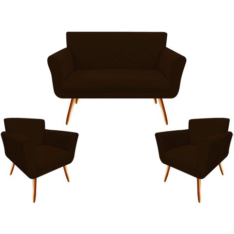 Kit Namoradeira + 2 Poltronas Decorativa Sabrina Suede Marrom Pés Madeira Mz Decor