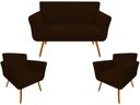 Ver imagem 1 de Kit Namoradeira + 2 Poltronas Decorativa Sabrina Suede Marrom Pés Madeira Mz Decor