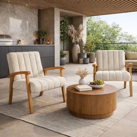 Conjunto 2 Poltronas Haley Tecido Boucle Estrutura Madeira Maciça para Recepção Sala de Estar:cru