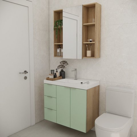 Conjunto de Banheiro com Cuba 80cm Gaveta Esquerda Vittare Marrom/Carvalho/Verde