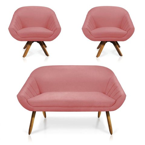 Kit 01 Namoradeira 02 Lugares e 02 Poltronas Giratória Giovana Suede Rosê Base Madeira Mm30 D'