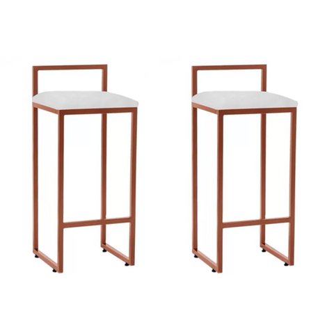 Kit 2 Banquetas Alta Bar Cozinha Balcão Industriais em Aço Dori Cobre Assento Suede Branco