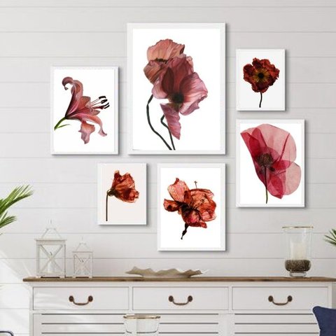 Composição 6 Quadros Decorativos Flores Vinho Marrom Marsala - com Vidro:madeira Preta