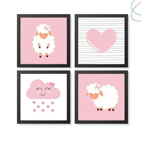 Kit com 4 Quadros Decorativos Carneirinho Moldura e Vidro:preto