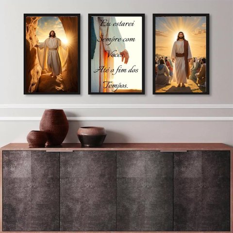 Kit 3 Quadros Decorativos Jesus- Eu Estarei Sempre com Vocês 45x34cm - com Vidro:madeira Preta