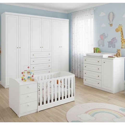 Quarto Americano 6 Portas com Berço Multifuncional Atlanta Ambiente Branco Fosco Henn - Reller