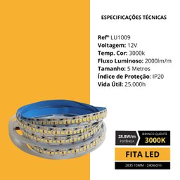Fita Led 2835 3000k 12v Rolo 5m 240 Leds/m 10mm para Perfil Metálico - 9