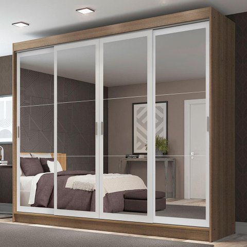 Guarda-roupa Casal Madesa Austin 4 Portas de Correr de Espelho 3 Gavetas