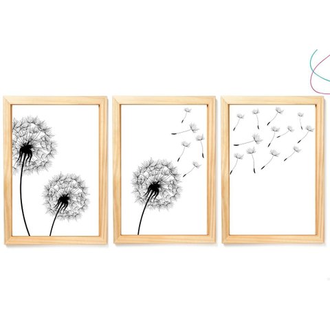 3 Quadros Decoração Dente de Leão Flor Minimalista C Moldura:pinus