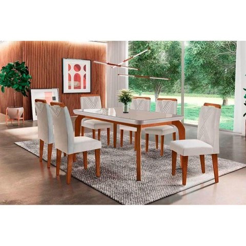 Sala de Jantar Completa Londrina Tampo Madeirado C- Vidro Curvo 180x90 e 6 Cadeiras Amsterdã Imbuia