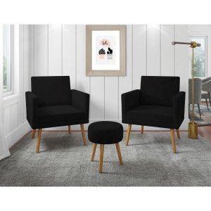 Kit 2 Poltronas Decorativas Sala Recepção Larah E Puff Preto