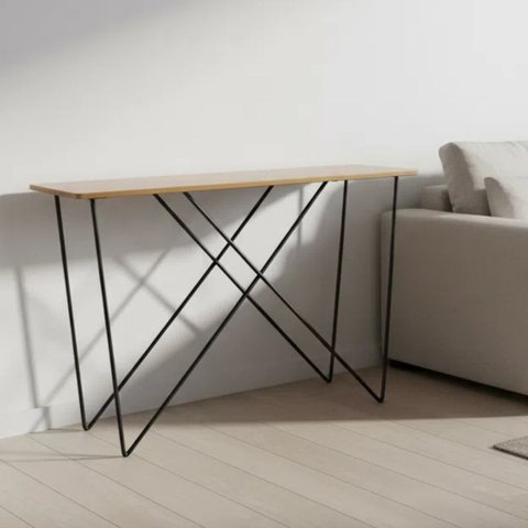 Aparador Industrial Tampo Madeira MDF Base Aço Carbono Preto Hall de Entrada, Corredor, Luxo Hórus