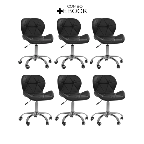 Kit 6 Cadeiras Office Eiffel Slim Giratória Base Cromada com Rodízios e Ajuste de Altura